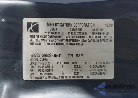 2003 Saturn Vue V6 из США, поврежденный, VIN 5GZCZ53B53S846841